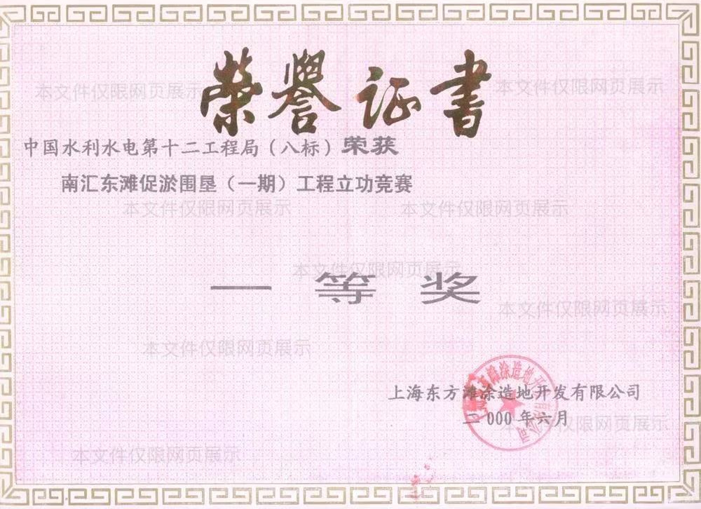 上海荣誉证书：南汇东滩促淤围垦（一期）工程立功竞赛一等奖
