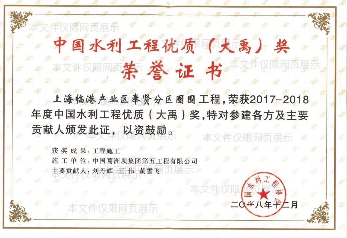 中国水利工程优质（大禹）奖荣誉证书